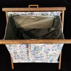 Vintage 1960's Knitting / Crafting Basket w/ Wooden Frame - Lovely Purple Floral